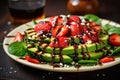 Strawberry salad with spinach, feta cheese, avocado, balsamic vinegar and olive oil in a plate