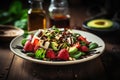 Strawberry salad with spinach, feta cheese, avocado, balsamic vinegar and olive oil in a plate
