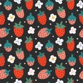 Strawberry seamless pattern on black background, fruit ornament with hand drawn illustration of berries with blooming Royalty Free Stock Photo