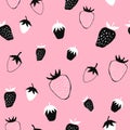 Strawberry seamless pattern for fabric design. Vector repeat background. Hand drawn berries black, white and pink trendy Royalty Free Stock Photo