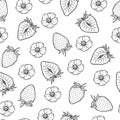 Strawberry seamless pattern, vector strawberries line art illustration, hand drawn botanical outline illustration. Monochrome Royalty Free Stock Photo