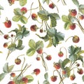 Strawberry seamless pattern with watercolor illustrations of berries, leaves. Strawberries, berries, strawberry flavor