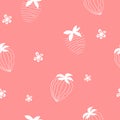 Strawberry seamless pattern. White outline berries on pink background. Food illustration. Textile kitchen pattern. Packaging paper