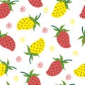 Strawberry seamless vector pattern. Bright red and yellow berries on a white background. Summer hand drawn strawberry, flat style Royalty Free Stock Photo