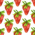 Strawberry seamless watercolor pattern. Ripe sweet berry with leaves isolated on white background. Hand drawn fresh summer fruit, Royalty Free Stock Photo