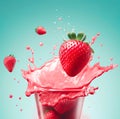 Strawberry shake drink splashing out of the glass on blue background. Royalty Free Stock Photo