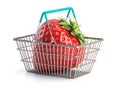 Strawberry in a shopping basket. Buying grocery and fruit, sex shop concept