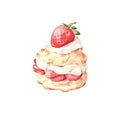 Strawberry shortcake with cream on white background. Watercolor. Delicious food illustration. Royalty Free Stock Photo