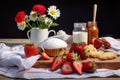 strawberry shortcake ingredients on a picnic table Royalty Free Stock Photo