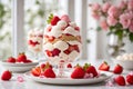 Strawberry Shortcake Trifle with vanilla ice cream and fresh berries. Strawberry summer dessert with ice cream, generative AI