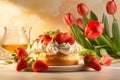 Strawberry shortcake tulips flowers sliced pie. Generate Ai Royalty Free Stock Photo