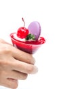 Strawberry shot cake with cherry and macaron Royalty Free Stock Photo
