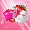 Strawberry skin care mask ads. Vector Illustration with strawberry smoothing mask and serum