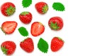 Strawberry with sliced strawberry and green leaves isolated on white background. clipping path. Top view Royalty Free Stock Photo