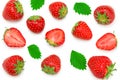 Strawberry with sliced strawberry and green leaves isolated on white background. clipping path. Top view Royalty Free Stock Photo