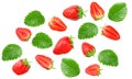 Strawberry with sliced strawberry and green leaves isolated on white background. clipping path. Top view Royalty Free Stock Photo