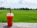 Strawberry smoothie by the field Royalty Free Stock Photo