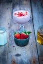 Strawberry smoothie in a glass with fresh strawberries, honey and yogurt Royalty Free Stock Photo