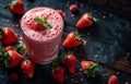 Strawberry smoothie in glass on wooden background Royalty Free Stock Photo