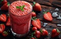 Strawberry smoothie in glass on wooden background Royalty Free Stock Photo