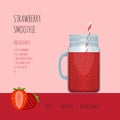 Strawberry smoothie mason jar with recipes and ingredients.