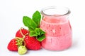 Strawberry smoothie or milkshake in glass jar with fresh strawberry fruits and mint isolated on white background, healthy food for Royalty Free Stock Photo