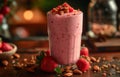 Strawberry smoothie with nuts and fresh strawberries on rustic wooden table Royalty Free Stock Photo