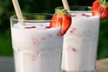 Strawberry smoothie in two glass glasses and fresh strawberries on a wooden table in the yard, close up Royalty Free Stock Photo