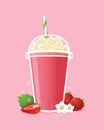 Strawberry milkshake with whipped cream in take a way cup.