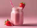 Strawberry smoothie with yogurt in a jar. Next to strawberries, a pink, pastel background. A healthy, vegetarian drink