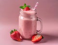 Strawberry smoothie with yogurt in a jar. Next to strawberries, a pink, pastel background. A healthy, vegetarian drink