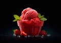 Strawberry sorbet ice cream with mint on black.Macro.Ai Generative