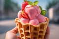 Strawberry sorbet in a waffle cone