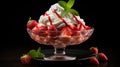 Strawberry Sorbet With Whipped Cream And Mint Leaves