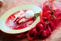 Strawberry soup with ice cream and mint Royalty Free Stock Photo