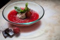 Strawberry soup with ice cream and mint on a plate Royalty Free Stock Photo