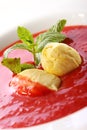 Strawberry soup with natural ice cream and mint Royalty Free Stock Photo