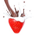 Strawberry in splashing chocolate cream, abstract background dessert, strawberry in splash of chocolate sauce with drops, splash Royalty Free Stock Photo