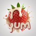 Strawberry splashing into milk, artwork 3D