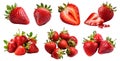 Strawberry Strawberries, many angles and view side top front sliced halved group cut isolated on transparent cutout, PNG