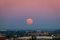 The strawberry Supermoon at sunset gradient from blue to pink on the city skyline in June 2020 in Spain