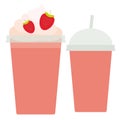 Strawberry Take-out smoothie transparent plastic cup with straw and whipped cream. Isolated on white background. Vector