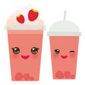 Strawberry Take-out smoothie transparent plastic cup with straw and whipped cream. Kawaii cute face with eyes and smile Isolated