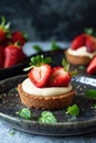 Strawberry tart on dark plate with mint decoration. Macro shot with selective focus