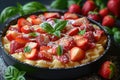 Strawberry tart garnished with basil on dark background