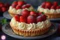 Strawberry tart with whipped cream. Bakery and patisserie concept for design and print