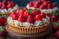 Strawberry tart with whipped cream on wooden board