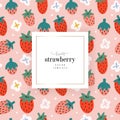 Strawberry template for package design with space for logo or text, trendy vector hand drawn illustration of summer red