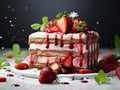 Strawberry tiramisu dessert with mascarpone and whipped cream, Italian cheesecake dessert, pudding or berry trifle cake