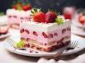 Strawberry tiramisu dessert with mascarpone and whipped cream, Italian cheesecake dessert, pudding or berry trifle cake